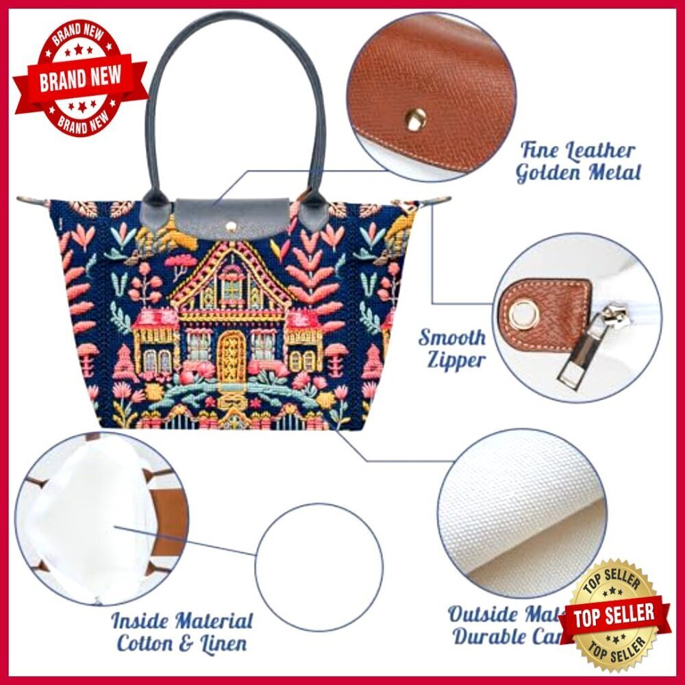 Large Foldable Tote Bag with Zipper, Canvas & Faux Leather - Picture 4 of 6